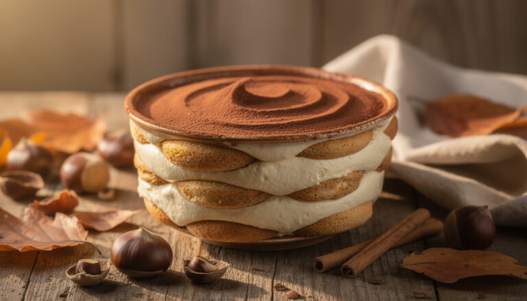 savourez l'automne avec le tiramisu à la crème de marron faugier, une gourmandise onctueuse et raffinée alliant tradition et douceur.